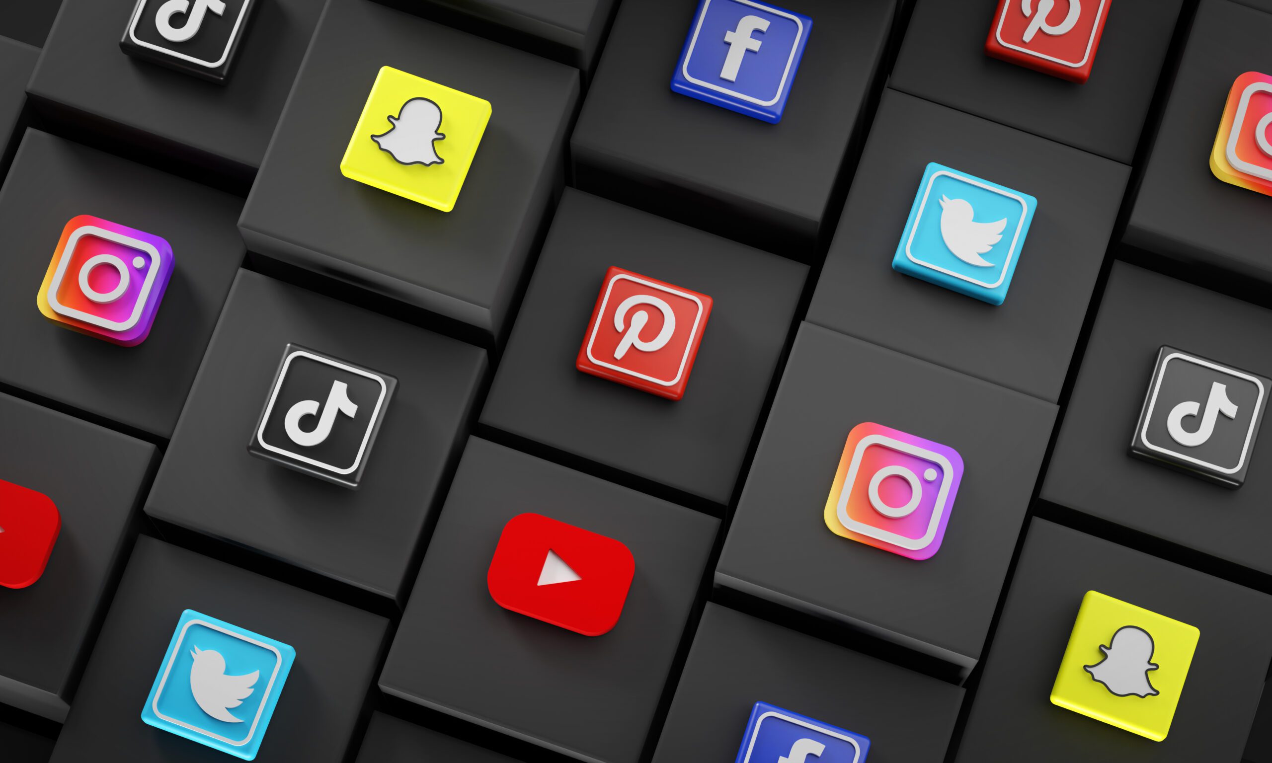 Most Popular Social Media Icon on 3D Rendering Black Cubes. Top View