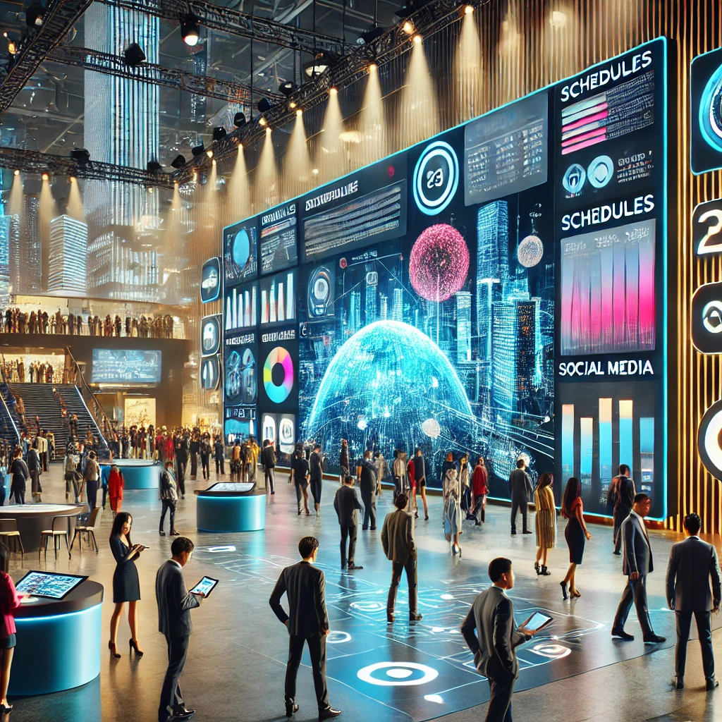 DALL·E 2024-09-10 13.09.29 – A vibrant event scene showcasing Digital Signage in action. Large LED screens display dynamic content like schedules, maps, and social media feeds. At