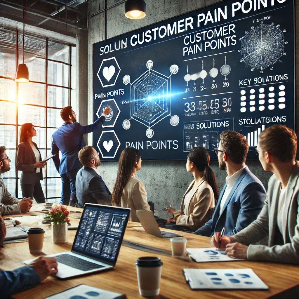 DALL·E 2024-09-10 13.20.28 – A business meeting setting where a team is analyzing customer pain points. A large screen shows a chart or diagram with key pain points highlighted, w